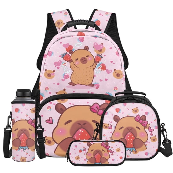 Yspwyqan Girls Capybara Backpack Set, Pink Strawberry Backpack and Lunch Box Set 4 Piece, Large Capacity Fits 13 Inch Laptop, Casual Daypack for School Hiking Camping Gifts