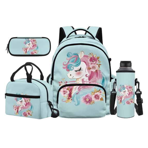Yspwyqan Girls Cute Pink Horse Kids Backpack Set 4 Pcs Lightweight 600D Polyester Kids Backpack Set with Lunch Bag Pencil Case Water Bottle Bag for Elementary School Travel Hiking Daypack