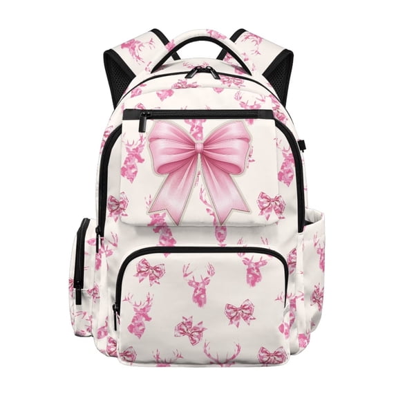 Yspwyqan Girls Pink Camo School Backpack, 17 Inch Laptop Backpack, Lightweight Multi-Pocket Fits 15.6 Laptop, Deer Bow Casual Purse for Primary Elementary Back to School