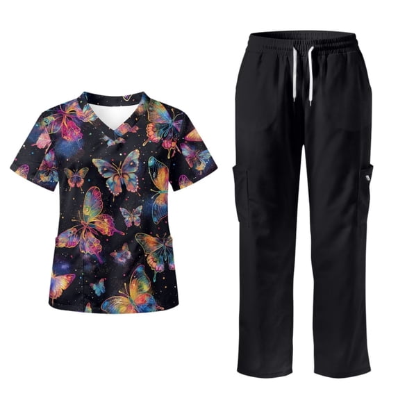 Yspwyqan Glitter Butterfly Scrubs for Women Set, 2 Piece V-Neck Short Sleeve Scrub Top & Cargo Pants with 6 Pockets Stretchy Breathable Medical Uniforms, Size S