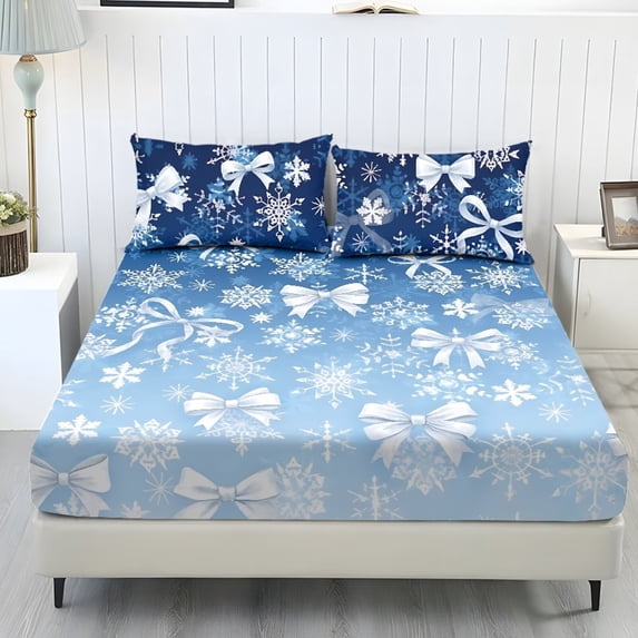 Yspwyqan Gradient Blue Snowflake Bow Queen Fitted Sheet, Soft Breathable Bedding Set Without Flat Sheet, Includes 1 Fitted Sheet & 2 Pillowcases for Girls Boys Winter