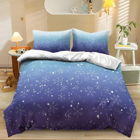 Yspwyqan Gradient Blue Snowflake King Size Comforter Set, Soft Fluffy Winter Bedding Set Includes 2 Matching Pillow Shams for Bedroom Guest Room Holiday Decor