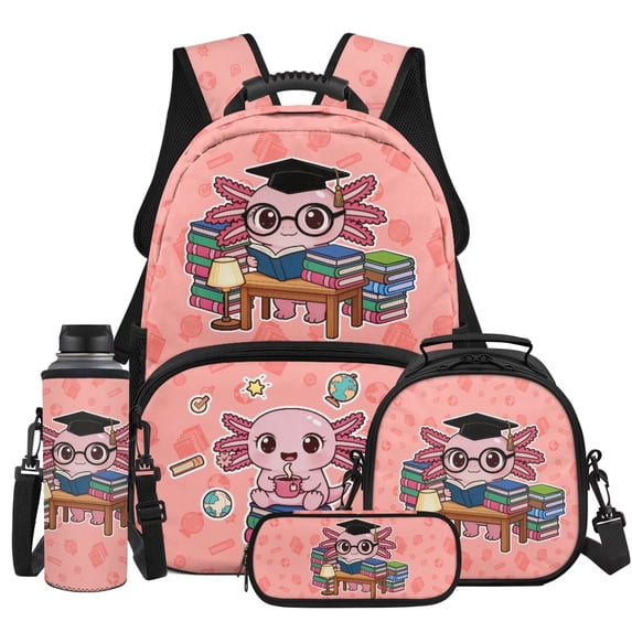 Yspwyqan Graduation Axolotl 4Pcs Backpack Set with Lunch Box Pencil Case Water Bottle Bag, Lightweight Bookbag Fits 13 Inch Laptop for Elementary Middle School Back to School