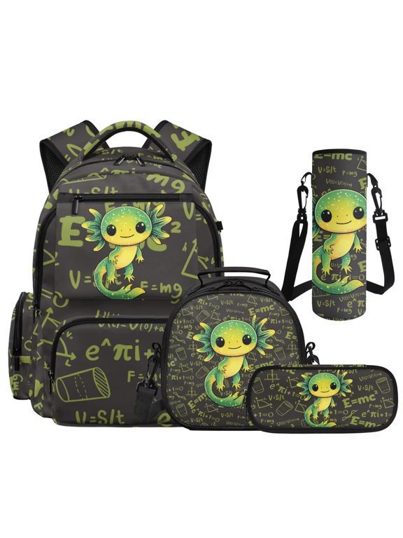 Green Axolotl Backpack Set for Middle School, Boys Lunchbox Set 4Pcs, Large Capacity Adjustable Straps Bookbag with Multi-Pocket for Hiking Back to School
