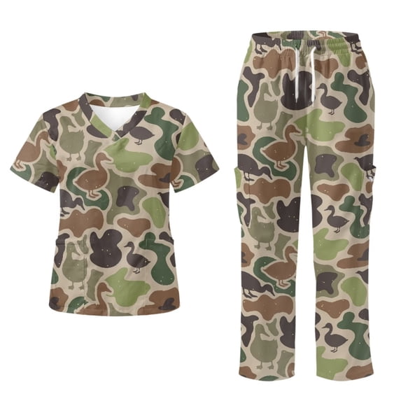 Yspwyqan Green Camo Duck Medical Scrubs Set for Women, V-Neck Scrub Top & Cargo Pants 2PCS, Stretchy Comfortable Uniform with 6 Pockets for Veterinary, Size 5XL