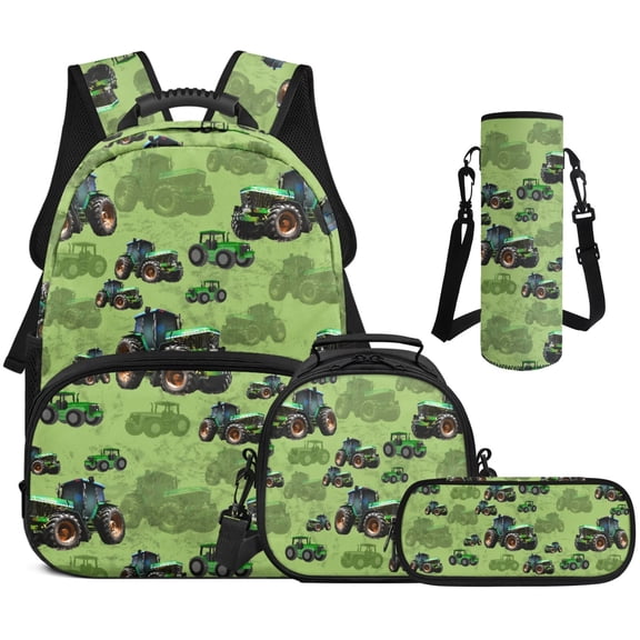 Yspwyqan Green Farm Tractor 4Pcs Backpack Set with Lunch Box Pencil Case Water Bottle, 17 Inch Lightweight Large Capacity Boys Backpack Set for Kids School Travel