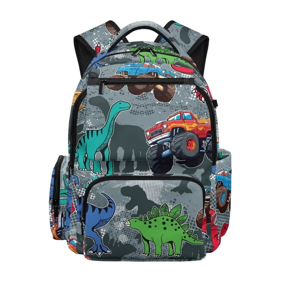 Yspwyqan Grey Dino Truck Backpack for Teen Boys, 17" Large Capacity Daypack, 600D Front Pocket Lightweight Bookbag for Elementary Middle High School