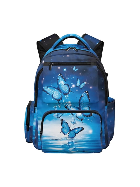 Kids Backpack for Girls, Galaxy Blue Butterfly School Backpack for Little Girls 17", Fits 15.6 Laptop, Adjustable Straps Casual Purse for Elementary Back to School
