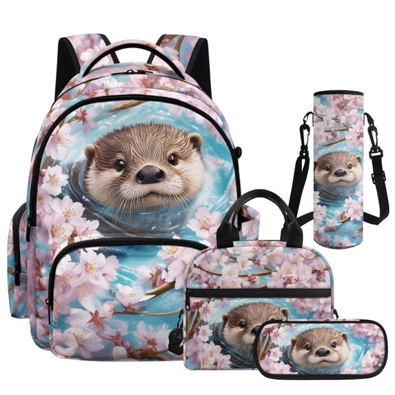 Yspwyqan Kids Backpack And Lunch Box Set, 4 Piece Cherry Blossom Otter Schoolbag 17 Inch Lightweight Large Capacity Backpacks, Back to School for Boys Girls Elementary Middle School