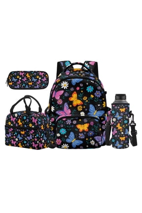 Kids Backpack And Lunch Box Set 4 Piece Large Capacity Backpack Set for Girls Ages 8-15, Colorful Floral Butterfly Bookbag for Elementary Middle School Back to School