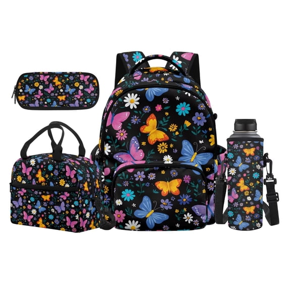 Yspwyqan Kids Backpack And Lunch Box Set 4 Piece Large Capacity Backpack Set for Girls Ages 8-15, Colorful Floral Butterfly Bookbag for Elementary Middle School Back to School