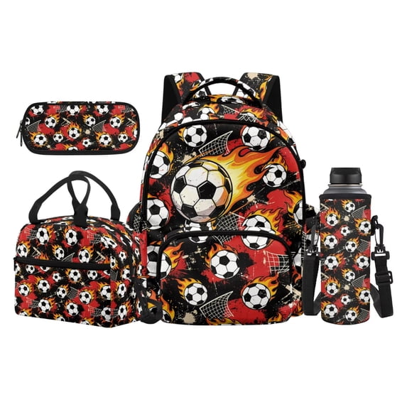 Yspwyqan Kids Backpack And Lunch Box Set, Flame Soccer Print 4 Piece Backpack Set for Kids Boys, Large Capacity 600D Polyester Bags for Elementary Middle School Travel