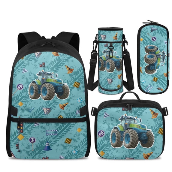 Yspwyqan Kids Backpack Matching Lunch Box Set, Blue Farm Tractor Backpack Set for Boys Ages 8-15, Double Zip Front Pocket Daypack for Elementary Middle School