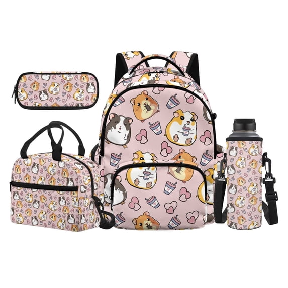 Yspwyqan Kids Backpack Matching Lunch Box Set, Cute Hamsters Backpack Set For Girls 4Pcs, 600D Polyester Casual Bookbag with Pencil Case for Elementary Primary