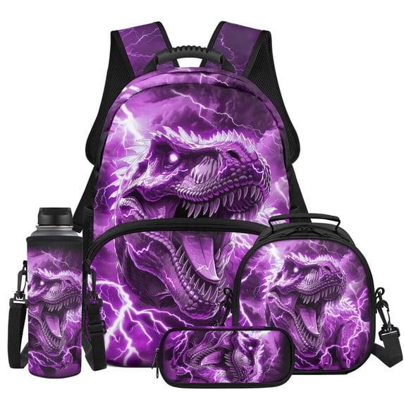 Yspwyqan Kids Backpack Matching Lunch Box Set, Lightning Purple Dinosaur 4Pcs Backpack Set for School, Large Capacity Fits 13 Inch Laptop, Casual Daypack for Travel Hiking