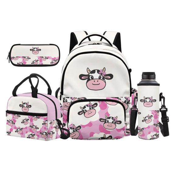 Yspwyqan Kids Backpack Matching Lunch Box Set, Pink Cow 4Pcs Backpack Set for Girls, Lightweight Large Capacity Multiple Pockets Bookbags for School Hiking