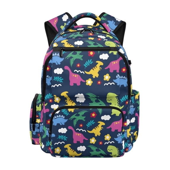 Yspwyqan Kids Backpack for School, 17" Large Capacity 600D Polyester Bookbag, Colorful Dino Flower Front Pocket Adjustable Straps Daypack for Middle School Travel Camping Hiking