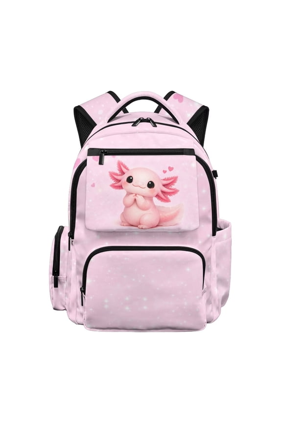 Kids Backpack for School, 17" Large Capacity Bookbag, Cute Axolotl Pink Sparkle 600D Polyester Girls Backpack with Front Pocket, Adjustable Straps for Middle School Travel Hiking