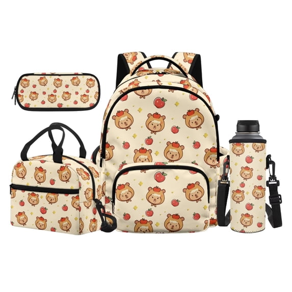 Yspwyqan Kids Backpack Set, 4 Piece Backpack and Lunch Box Set for Boys Girls, 17 Inch Large Capacity Cute Apple Bear Back to School Travel Daypack for Ages 8-15