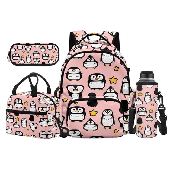 Yspwyqan Kids Backpack Set 4Pcs, Cute Penguin Star Backpack And Lunch Box Set Girls 17 Inch 600D Polyester Lightweight Large Capacity Bags for School Elementary