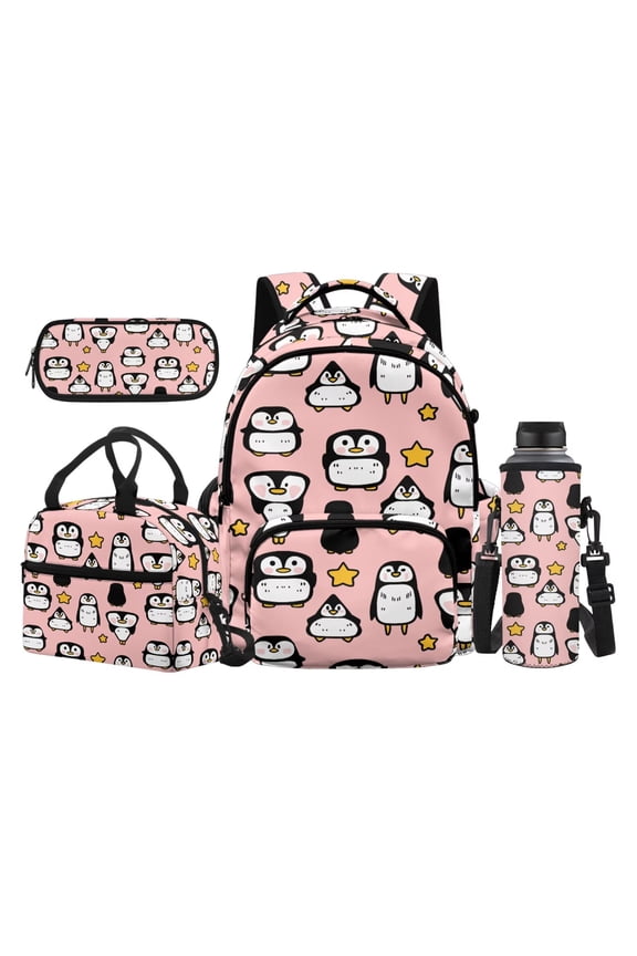 Kids Backpack Set 4Pcs, Cute Penguin Star Backpack And Lunch Box Set Girls 17 Inch 600D Polyester Lightweight Large Capacity Bags for School Elementary