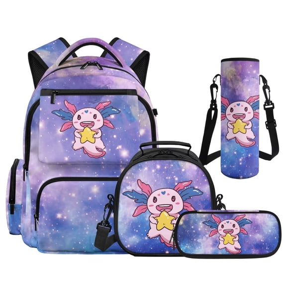 Yspwyqan Kids Backpack Set Ages 8-15, Galaxy Star Axolotl Backpack and Lunch Box with Water Bottle Bag, 17 Inch Lightweight Casual Daypack Front Pocket for School Travel