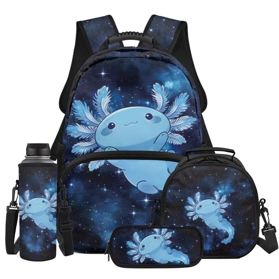 Yspwyqan Kids Backpack Set Ages 8-15, Space Axolotl Cosmic Backpack and Lunch Box with Water Bottle Bag, 17 Inch Lightweight Casual Daypack for School Travel Hiking