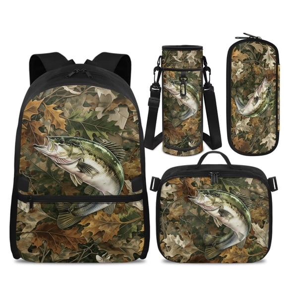 Yspwyqan Kids Backpack Set for Back to School, Oak Leaf Camo Bass Fish Backpack and Lunch Box Set 4 Piece, Lightweight Fits 14 Inch Laptop Adjustable Straps Daypack for Ages 8-15
