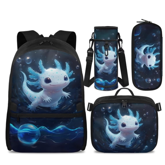 Yspwyqan Kids Backpack Set for Boys Girls, Sea Blue Axolotl Backpack and Lunchbox Set with Front Pocket, Large Capacity Adjustable Straps Bags for Middle High School Hiking