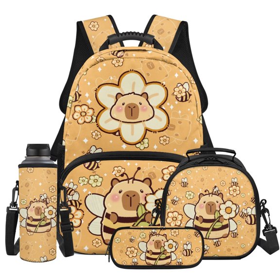 Yspwyqan Kids Backpack Set for Elementary, Bee Flower Capybara Backpack and Lunchbox Set with Padded Straps, Large Capacity Daypack for Boys Girls Back to School Supplies