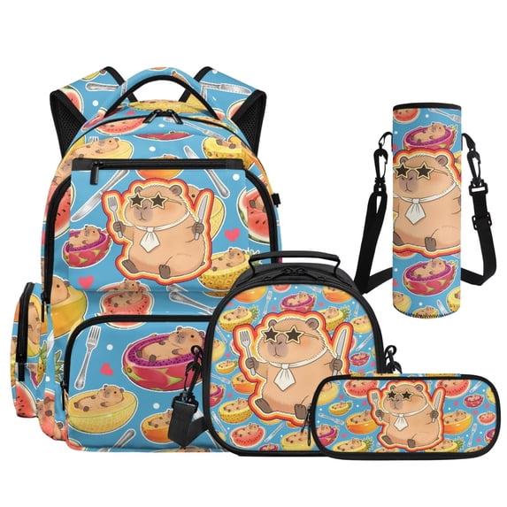 Yspwyqan Kids Backpack Set for Elementary, Blue Fruit Capybara Backpack and Lunchbox with Padded Straps, Large Capacity Multi-Pocket Daypack for Boys Back to School