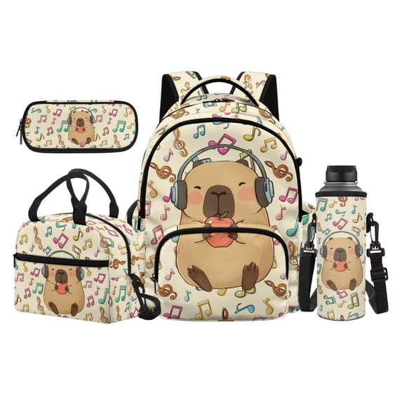Yspwyqan Kids Backpack Set for Elementary, Musical Capybara Backpack Set With Lunch Box Pencil Case Boys, 17" 600D Polyester Adjustable Straps Schoolbag for Ages 8-15