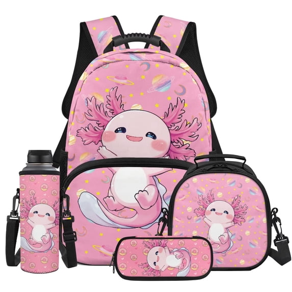 Yspwyqan Kids Backpack Set for Elementary, Space Planet Axolotl Backpack and Lunchbox Set with Padded Straps, Large Capacity Daypack for Girls Back to School Gifts