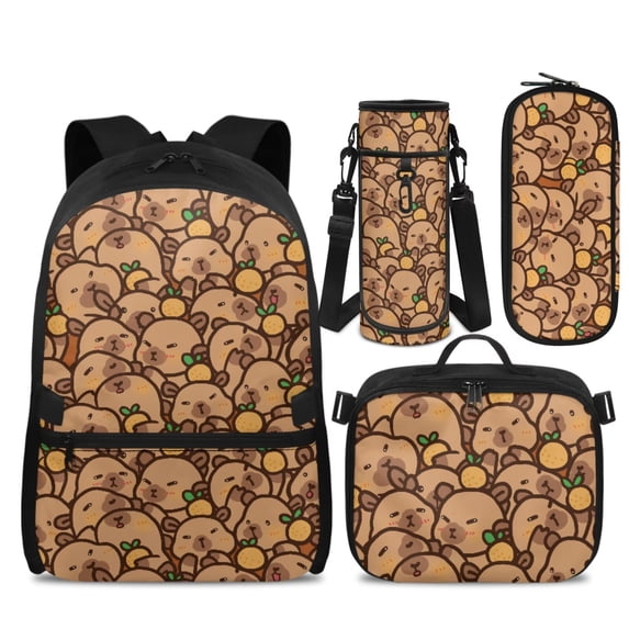 Yspwyqan Kids Backpack Set for Teens, Orange Capybara Backpack Set with Lunch Box Pencil Case for Girls, 17 Inch Front Pocket Daypack for High School Travel