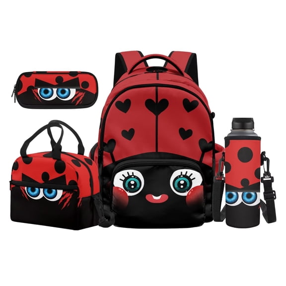 Yspwyqan Kids Backpack Set for Travel, Red Ladybug Backpack Set with Lunch Box and Water Bottle Bag, Lightweight Multiple Pockets School Bags for Elementary Primary