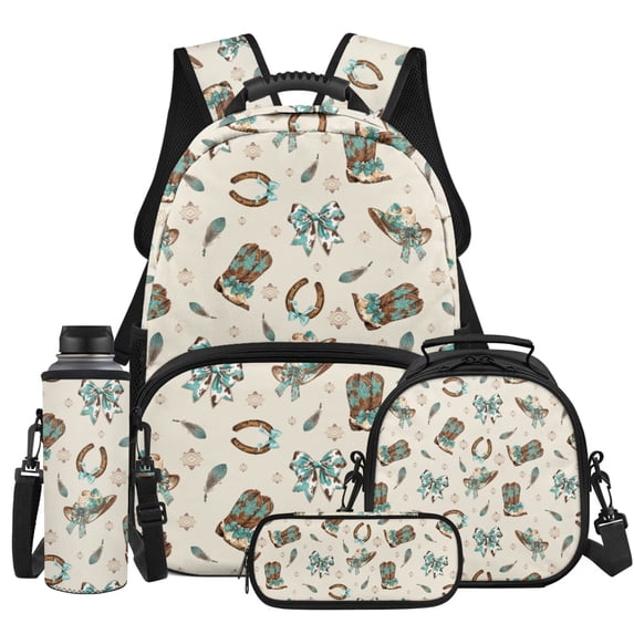 Yspwyqan Kids Bow Backpack Set for Travel, Cowboy Boot Backpack Set with Lunch Box and Water Bottle Bag, Lightweight Large Capacity School Bag for Hiking Back to School