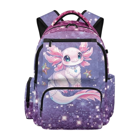 Yspwyqan Kids Boys Backpack, 17 Inch Lightweight Large Capacity School Bag, Glitter Purple Axolotl Adjustable Straps Multi-Pocket Daypack for Elementary Middle Travel