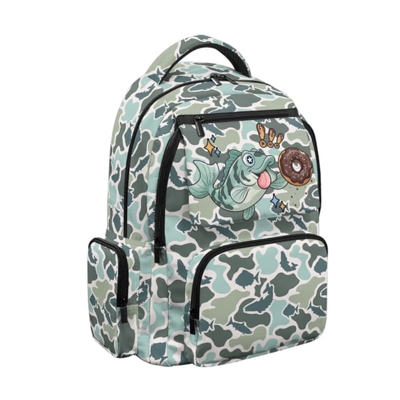 Yspwyqan Kids Camo Backpack for School, Bass Fish Large Capacity 600D Polyester Bookbag, Front Pocket Adjustable Straps Bag for Middle School Hiking Back to School Gifts