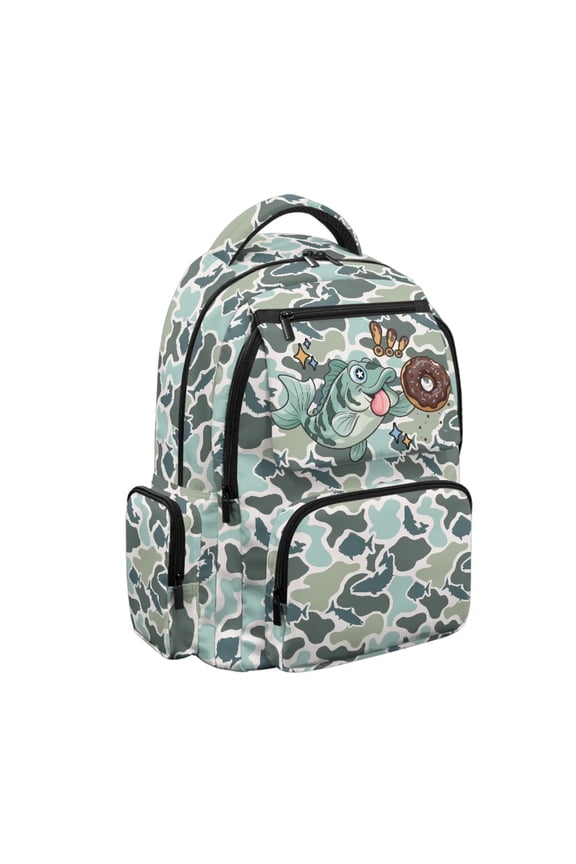 Kids Camo Backpack for School, Bass Fish Large Capacity 600D Polyester Bookbag, Front Pocket Adjustable Straps Bag for Middle School Hiking Back to School Gifts
