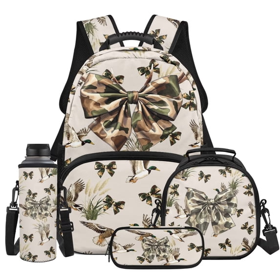 Yspwyqan Kids Camo Duck Backpack Set for High School, Bow Girls Backpack Set with Lunch Box Pencil Case Water Bottle Bag, Lightweight Adjustable Straps Daypack for Teens Travel
