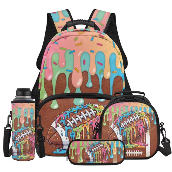 Yspwyqan Kids Football Backpack Set with Lunch Box Pencil Case, Ice Cream Drip Lightweight Fits 13 Inch Laptop Casual Fashion Bookbag for Middle High School