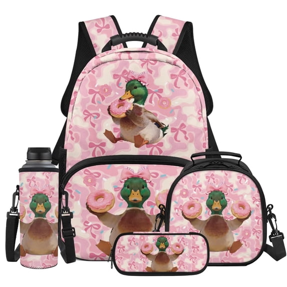 Yspwyqan Kids Pink Bow Backpack Set for Girls, 4 Piece Set with Lunch Box Water Bottle Bag, Mallard Duck Lightweight Laptop Backpack for Elementary Travel