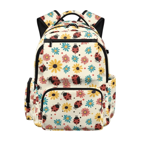 Yspwyqan Ladybug School Backpack for Kids Girls, 17" Multi-Pocket Backpack Fits 15.6 Laptop, Daisy Floral Lightweight Bookbag with Front Pocket for Elementary Middle School Supplies
