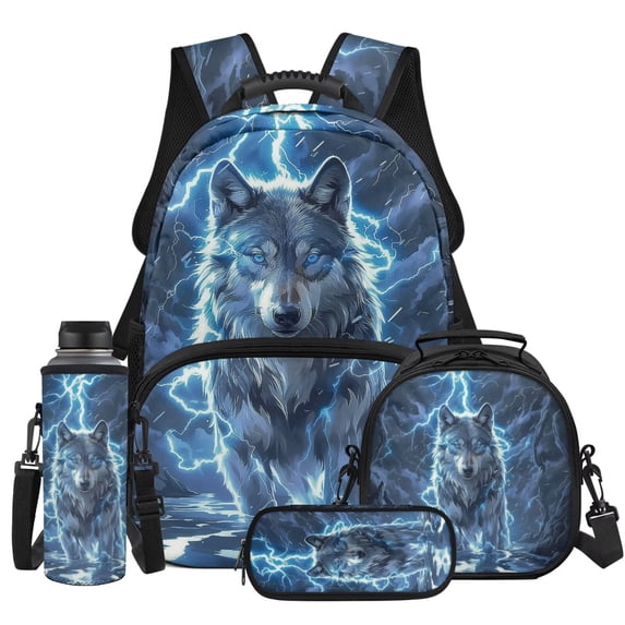 Yspwyqan Lightning Wolf Boys Backpack Lunchbox Set, 4Pcs with Lunch Box and Water Bottle Bag, Adjustable Straps Large Capacity Daypack for Middle School Hiking