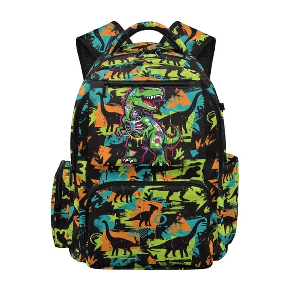 Yspwyqan Little Boys School Backpack, Graffiti Dino Skeleton 17 Inch Casual Bag, 600D Polyester Front Pocket Daypack for Preschool Kindergarten Hiking