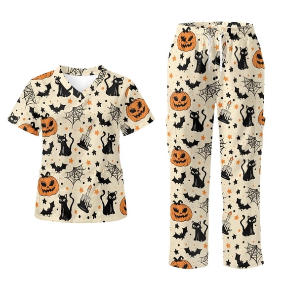 Yspwyqan Medical Scrubs for Women Set, 2PCS V-Neck Scrub Top & Cargo Pants Size 2XL, Breathable Cozy Halloween Pumpkin Holiday Nurse Shirts with 6 Pockets for Nurse