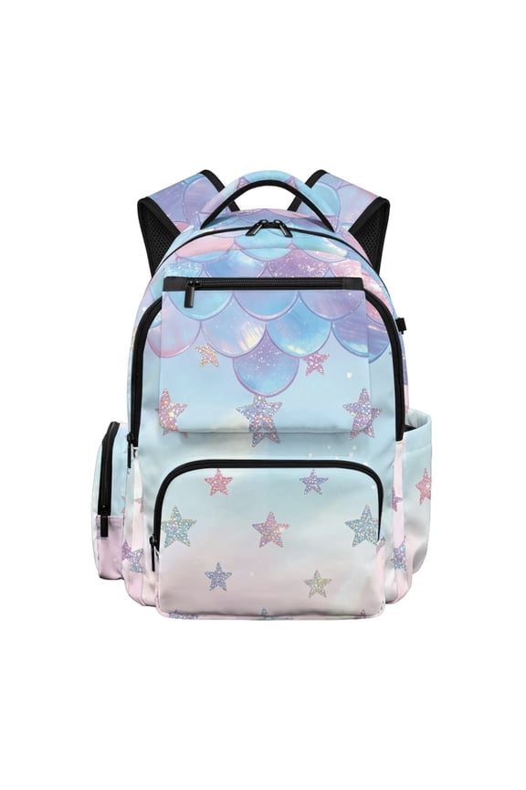 Mermaid Scale Backpack for Girls Teens, 17" Large Capacity School Bag, Front Pocket Fits 15.6 Laptop, Star Gradient Casual Daypack for High School Travel Camping