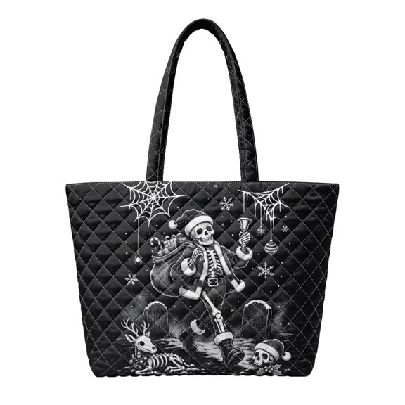 Yspwyqan Merry Gothicmas School Tote Bag, Skeleton Santa Spacious Shoulder Handbag Tote for Women, Goth Christmas Carryall for Holiday Shopping Travel Daily Use