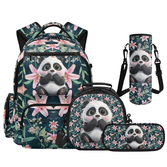 Yspwyqan Panda Floral Backpack Set for School Kids, Lunch Box Set 4Pcs Large Capacity Girls Backpack Padded Straps Front Pocket Trendy Daypack for Ages 8-15 Travel