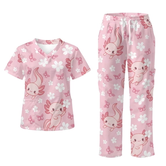 Yspwyqan Pink Axolotl Womens Print Scrub Set, 2 Piece Short Sleeve V-Neck Scrubs with 6 Pockets, Breathable Casual Quick Dry Uniform for Pediartic Vet Work, Size 4XL